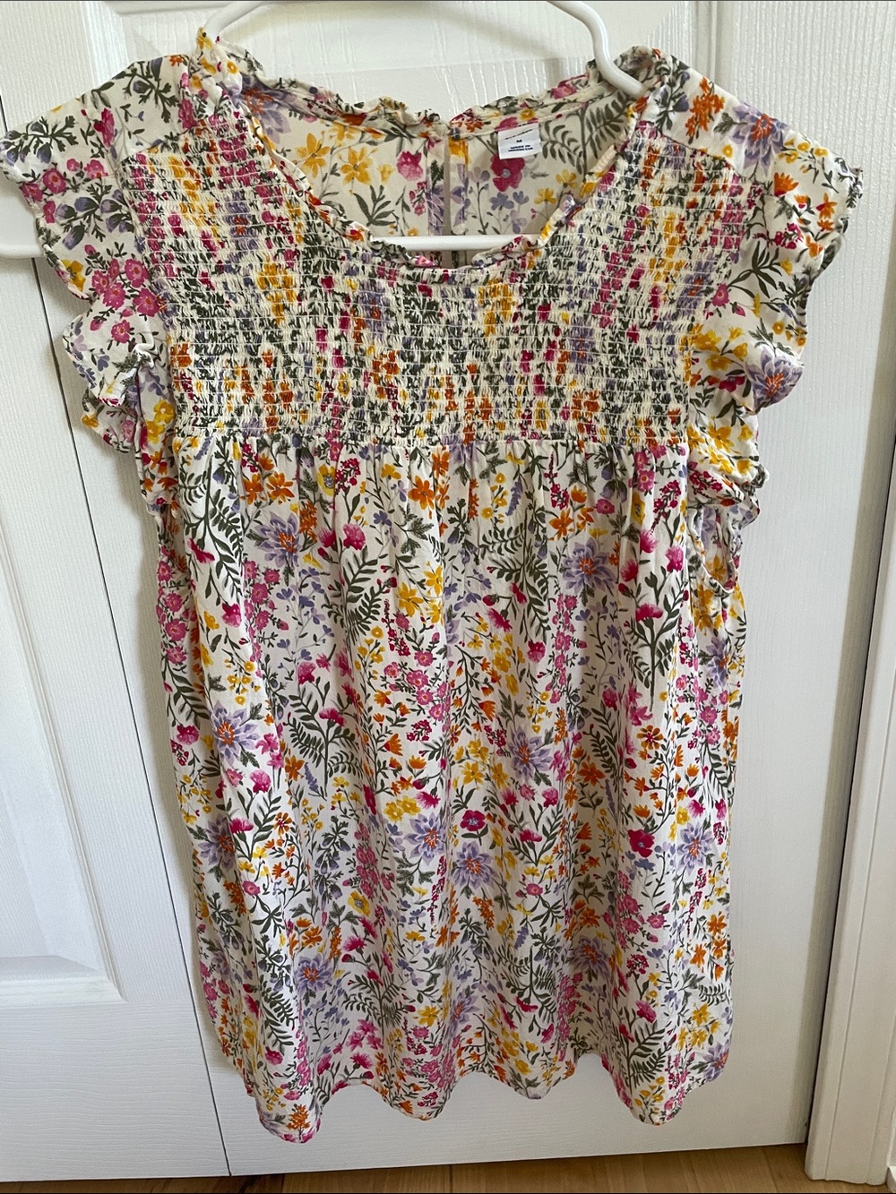 Women’s Old Navy Floral Smocked Cotton Shirt- White with Pink & Yellow Floral